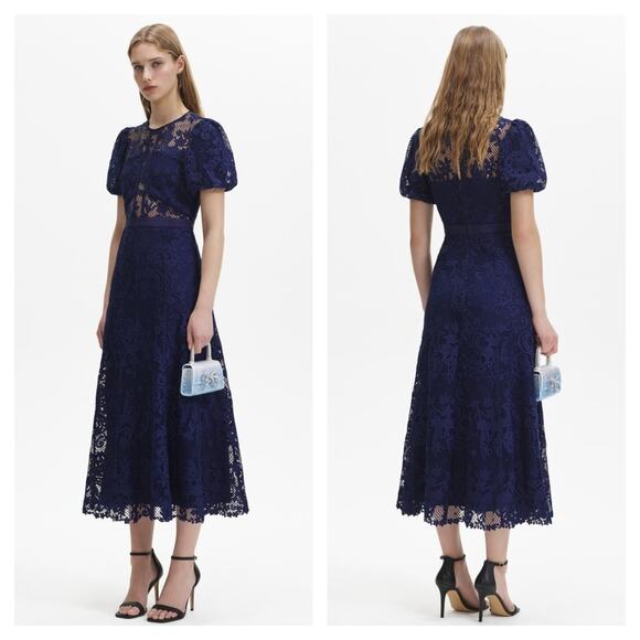 Self-Portrait Laced Puff Sleeved Midi Dress Navy size 10 - Picture 3 of 12